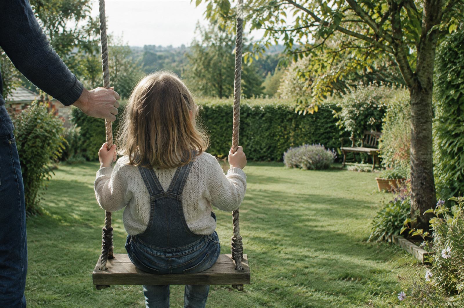 A child on a garden swing, seen from behind, with an adult steadying the rope